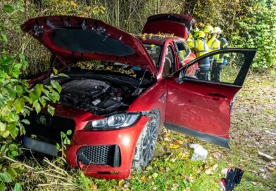 Auto rast über Rastplatz in Böschung — Fahrer eingeklemmt